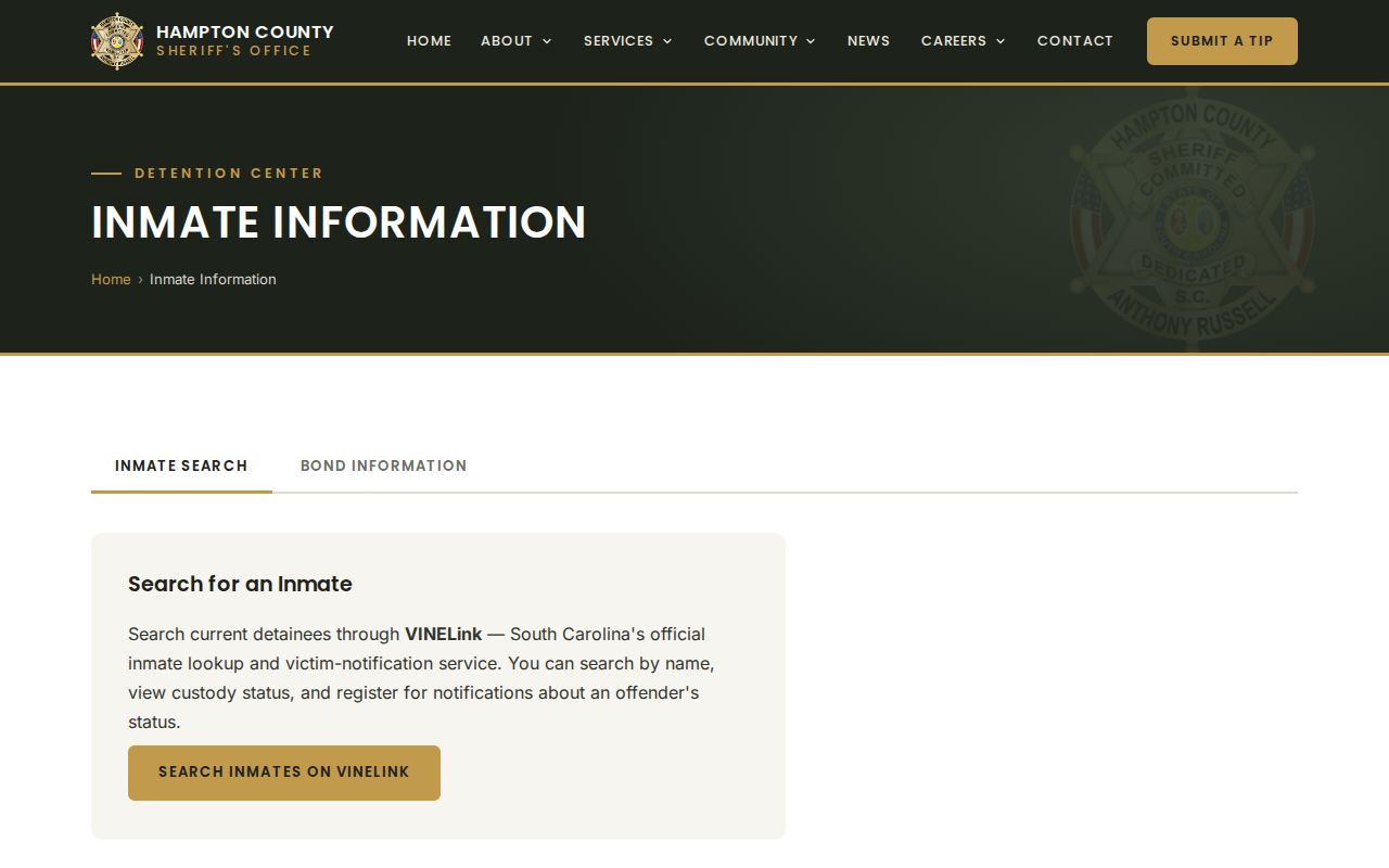 Hampton County current custody and inmate record route